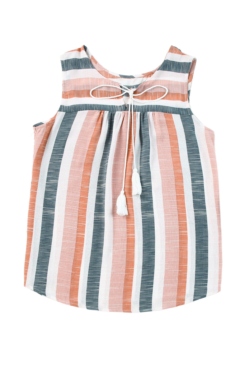 Multicolor Striped Print Split V Neck Sleeveless Shirt