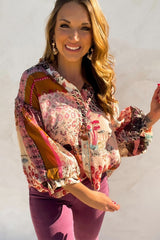 Red Boho Abstract Patchwork Bubble Sleeve Blouse