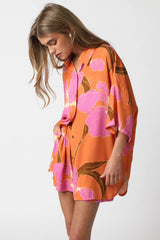 Russet Orange Floral Print Loose Shirt and Shorts Set