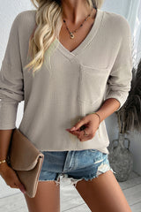 Parchment V Neck Pocket Crinkle Ribbed Knit Top