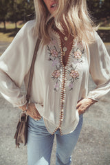 Beige Floral Embroidered Crinkle Puff Sleeve Loose Blouse