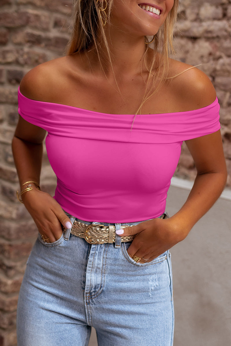 Bright Pink Solid Color Folded Off Shoulder Slim Blouses
