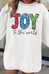 White JOY to the world Ribbed Crewneck Graphic Pullover Sweatshirt