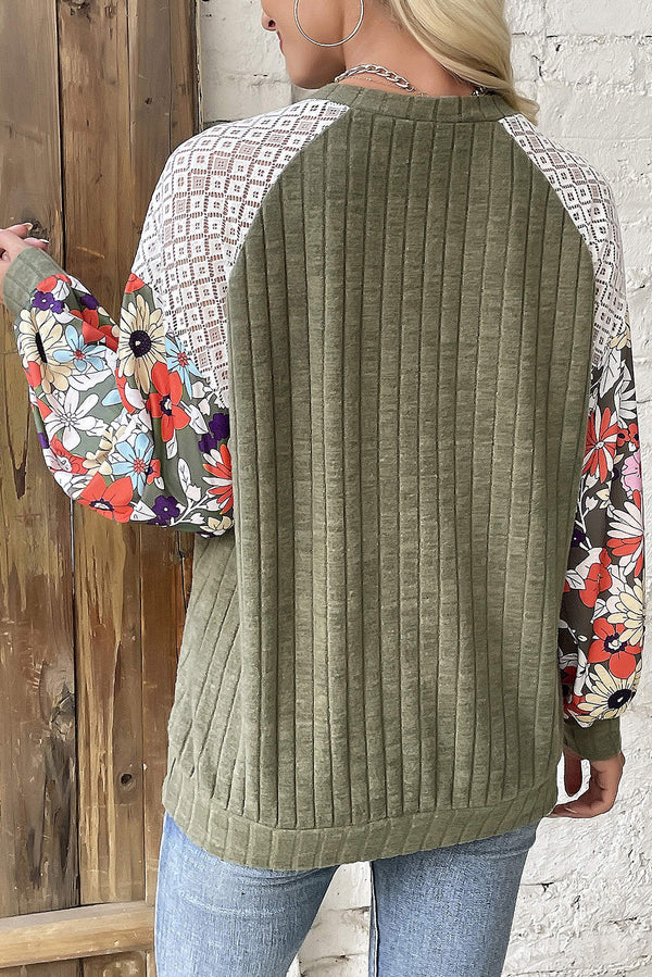 Vineyard Green Plus Size Textured Floral Patchwork Raglan Sleeve Top