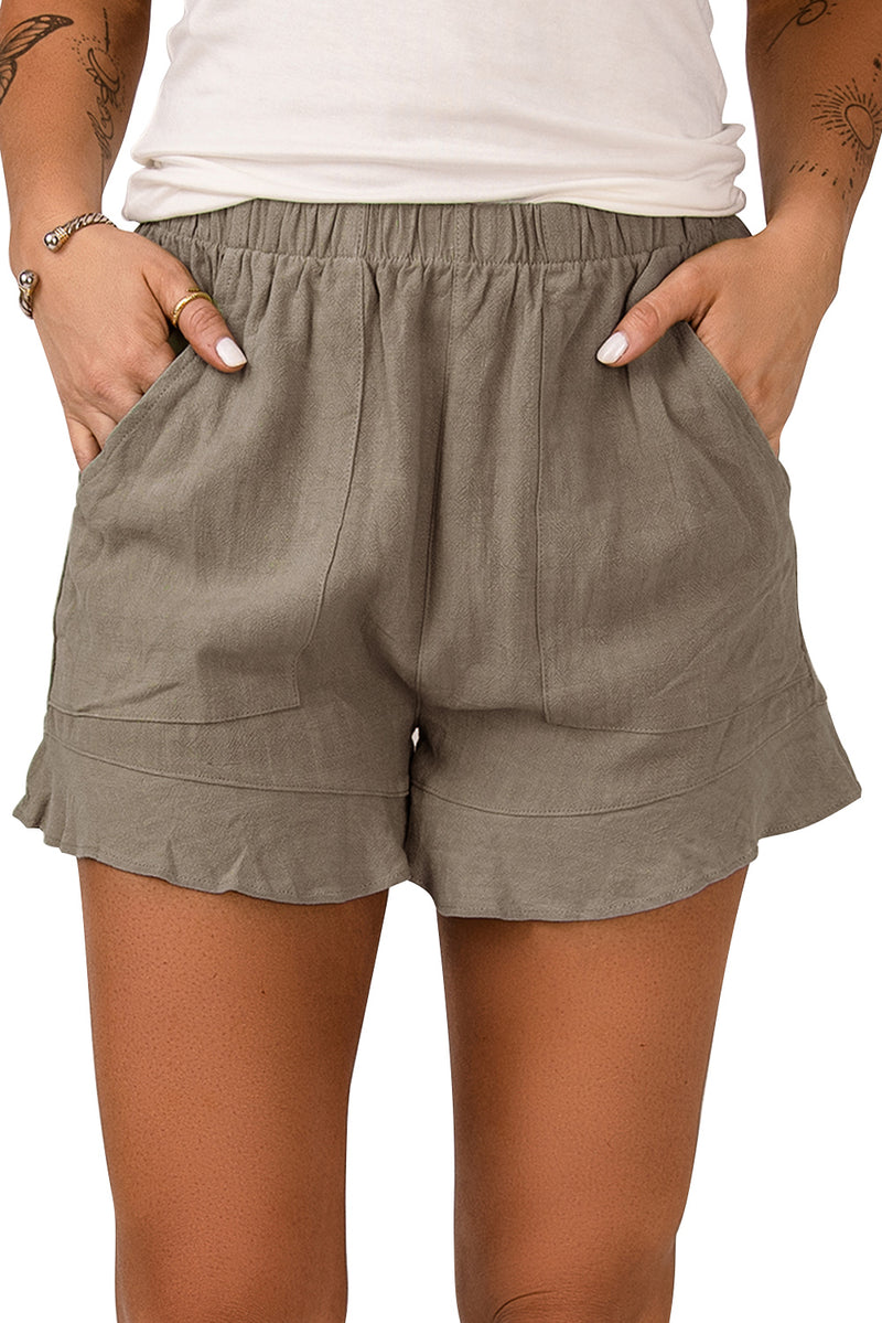 Green Casual Pocketed Ruffle High Waisted Shorts