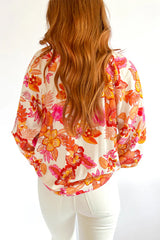 Orange Boho Floral Lantern Sleeve Blouse