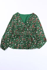 Floral Print Shirred Waist Ruffle Hem Green Bohemian Blouse for Women