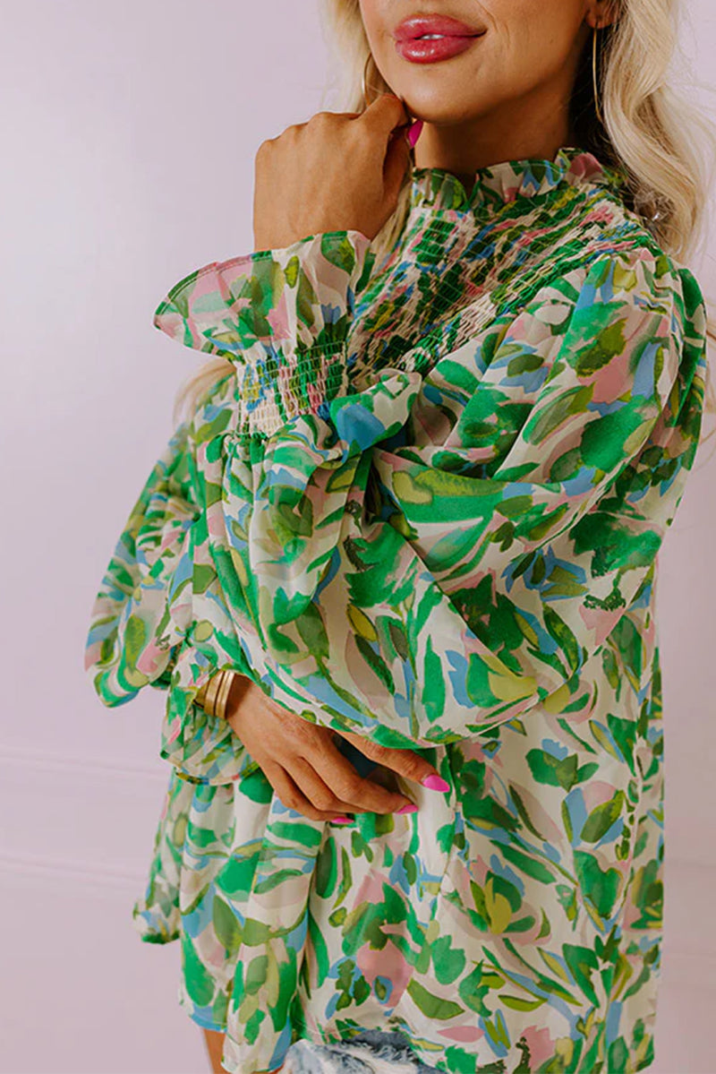 Green Abstract Print Puff Sleeve Frill Neck Shirred Blouse