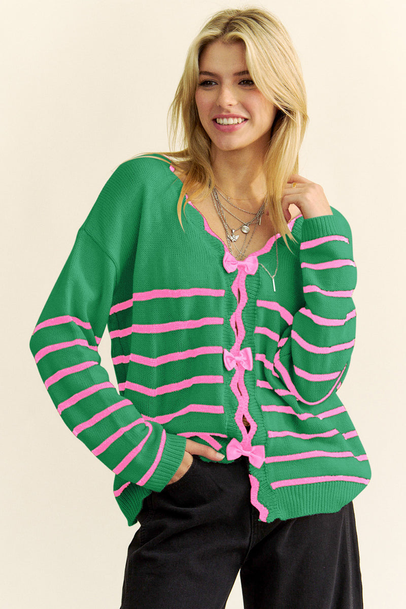 Green Stripe Sweet Bow Front Long Sleeve Cardigan