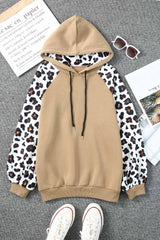 Khaki Leopard Bishop Sleeve Drawstring Hoodie