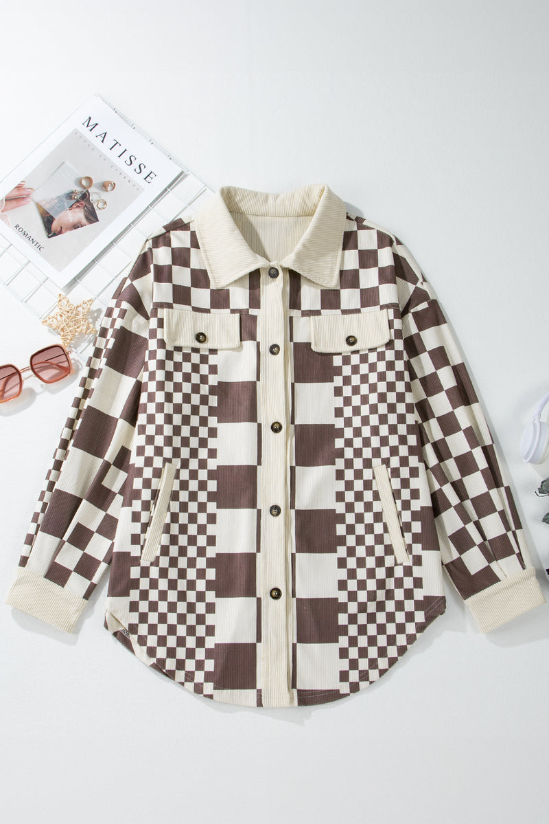 Brown Checkered Corduroy Button Up Shacket