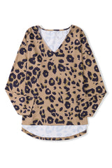 Brown Leopard Split V Neck Long Sleeve Shirt