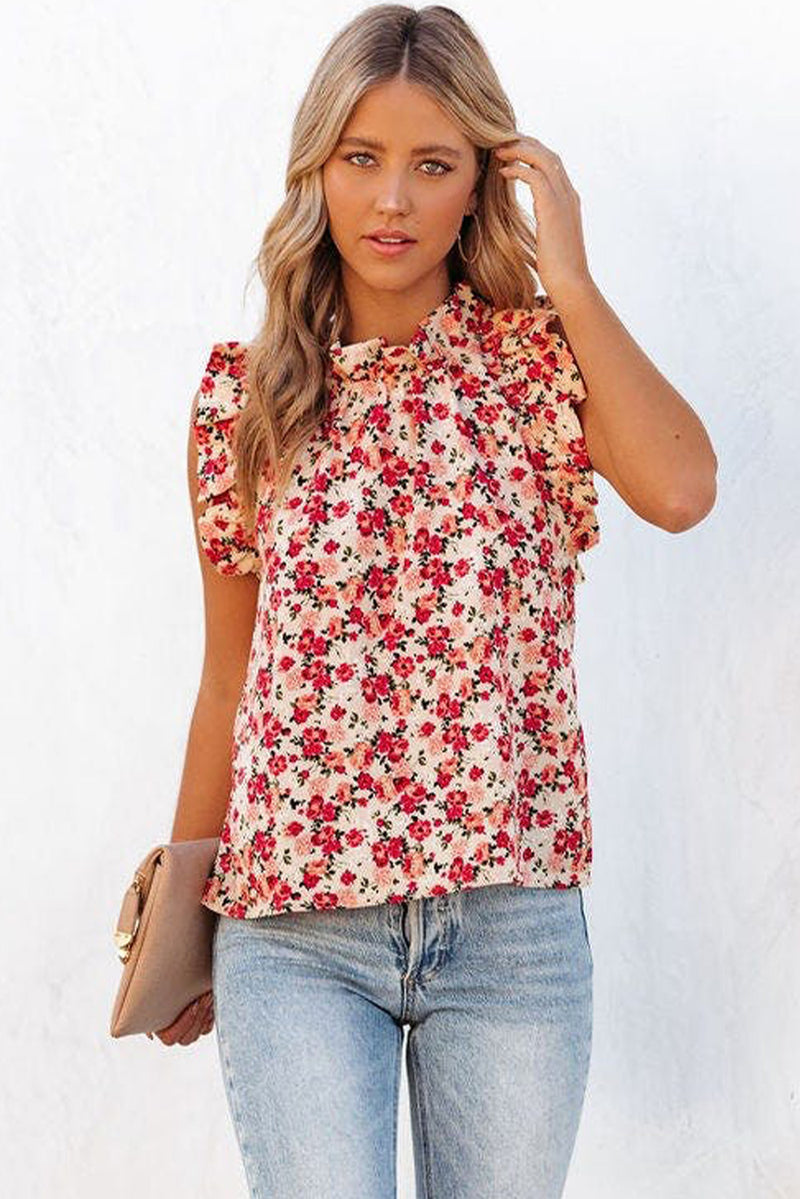 Red Boho Floral Print Ruffled Mock Neck Sleeveless Shirt