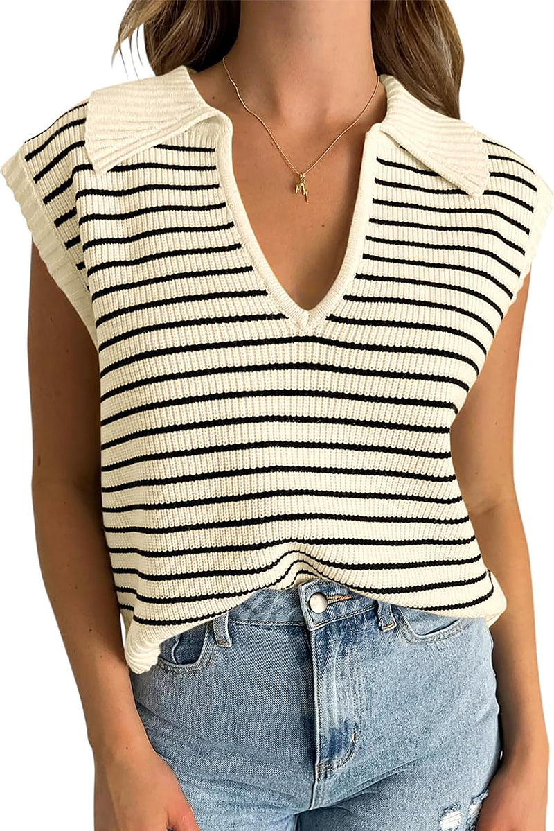 Beige Stripe Turn-down Collar Sleeveless Knitted Top