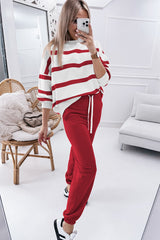 Red Striped Drop Shoulder Pullover and Joggers Set