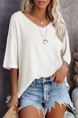 Black Waffle Knit Casual Drop Shoulder Loose Top