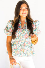 Multicolour Floral Print Short Puff Sleeve V Neck Boho Peplum Blouse