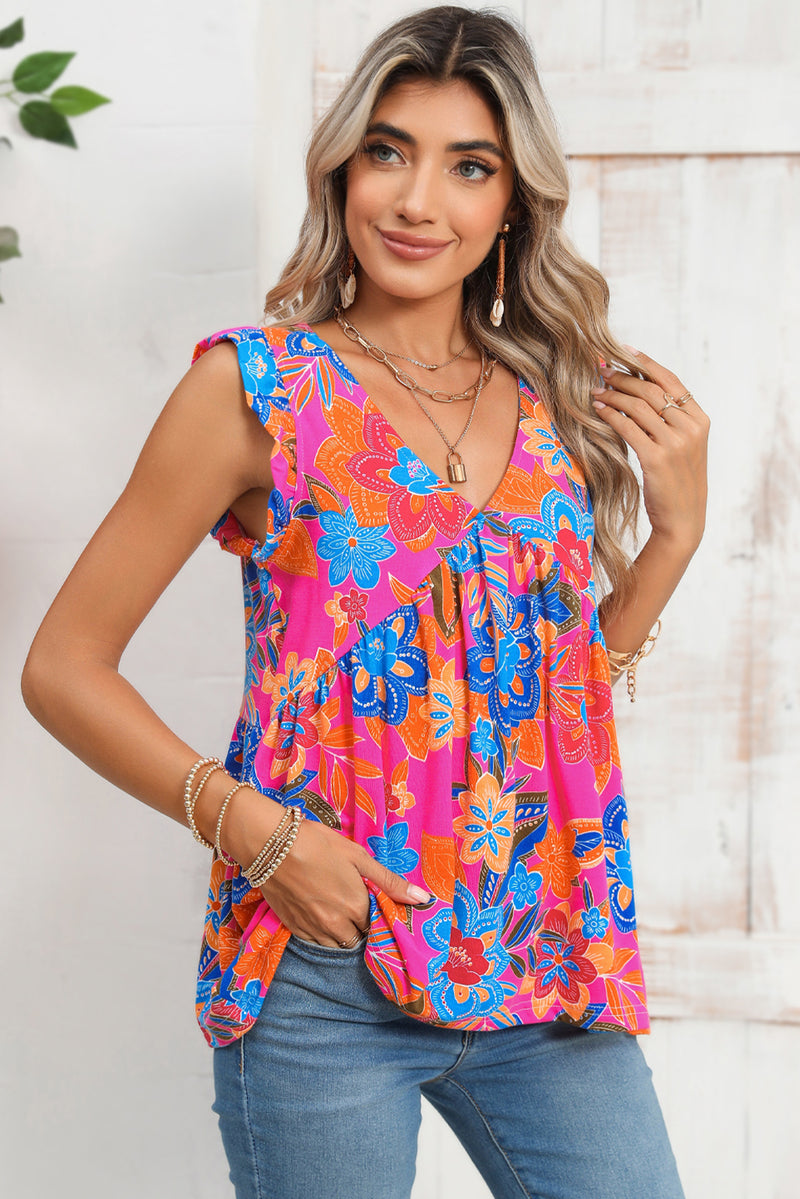 Rose Red Paisley Print Boho Ruffle Hem Sleeveless Shirt