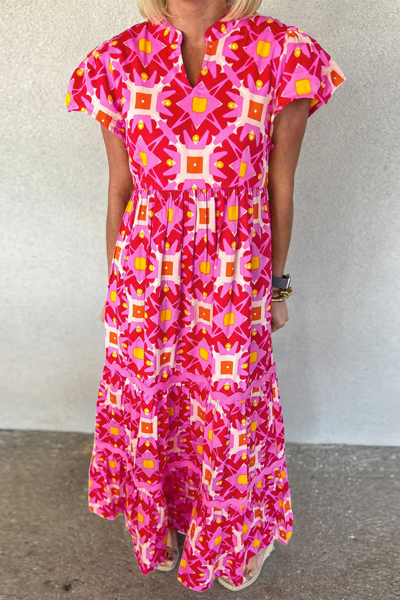 Strawberry Pink Abstract Print Pleated Flounce Sleeve Maxi Dress