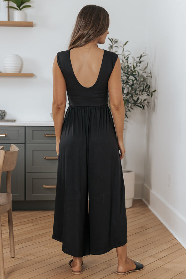 Black Solid Color Open Back Sleeveless Wide Leg Jumpsuit