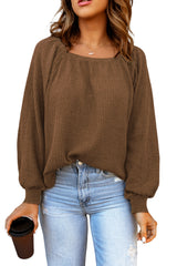 Brown Waffle Texture Casual Square Neck Pullover Top