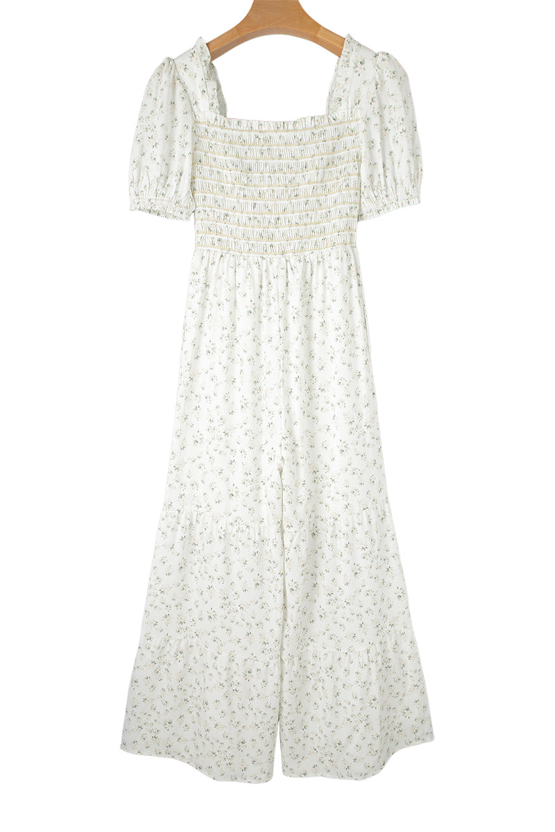 White Ditsy Floral Smocked Puff Sleeve High Waist Jumpsuit