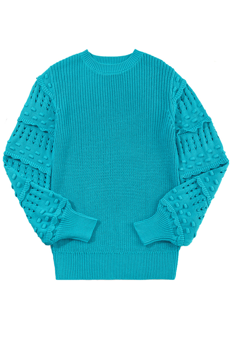 Turquoise Ruffled Eyelet Bubble Sleeve Sweater