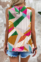 Multicolor Boho Geometric Print Keyhole Back Pleated Sleeveless Shirt