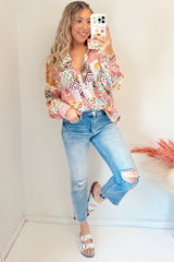 Pink Abstract Print Boho Button Down Shirt