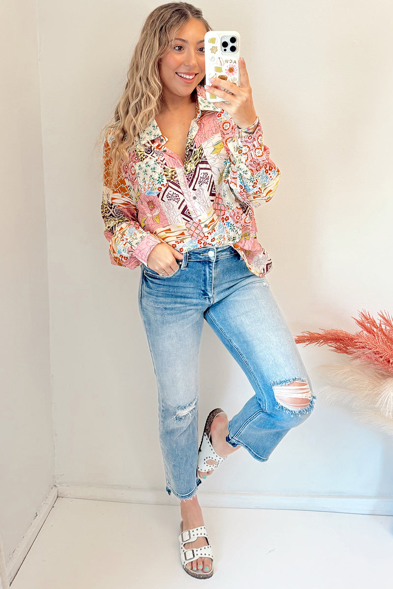 Pink Abstract Print Boho Button Down Shirt