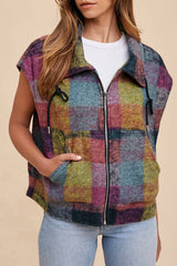 Pink Brushed Checked Print Side Pockets Zipper Jacket Vest