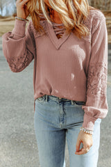 Apricot Lace and Waffle Knit Crisscross Straps V Neck Long Sleeve Top