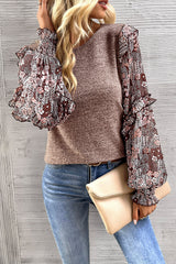 Blue Floral Ruffle Sleeve Patchwork Top