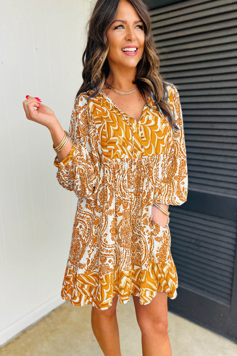 Orange Bohemian Print Lantern Sleeve V Neck Flared Mini Dress