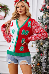 Racing Red Christmas Letter Jacquard V-Neck Knitted Cardigan