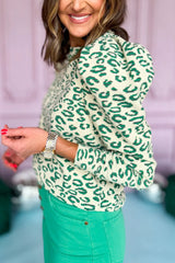 Blackish Green Leopard Print Puff Long Sleeve Top