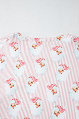 Pink Santa Claus Striped Print Loose Fit Two Piece Loungewear Set