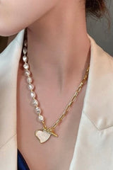 Gold Heart Shape Pendant Rhinestone Pearl Chain Necklace