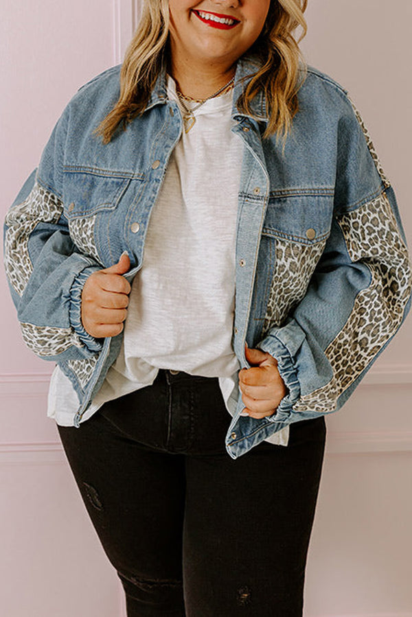 Beau Blue Leopard Patchwork Plus Size Denim Jacket