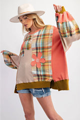 Orchid Petal Plaid Flower Patchwork Waffle Drop Shoulder Loose Top