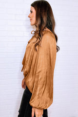 Camel V Neck Pleated Lantern Sleeve Blouse