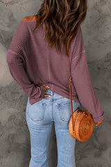 Purple Waffle Knit Split V Neck Drop Shoulder Long Sleeve Top