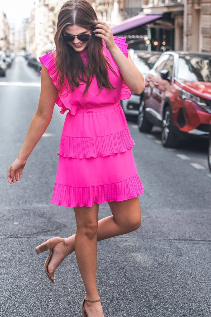 Bright Pink Pleated Layered Ruffle Sleeveless Mini Dress