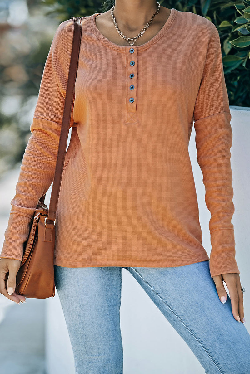 Orange Casual Waffle Button Front Knit Henley Top