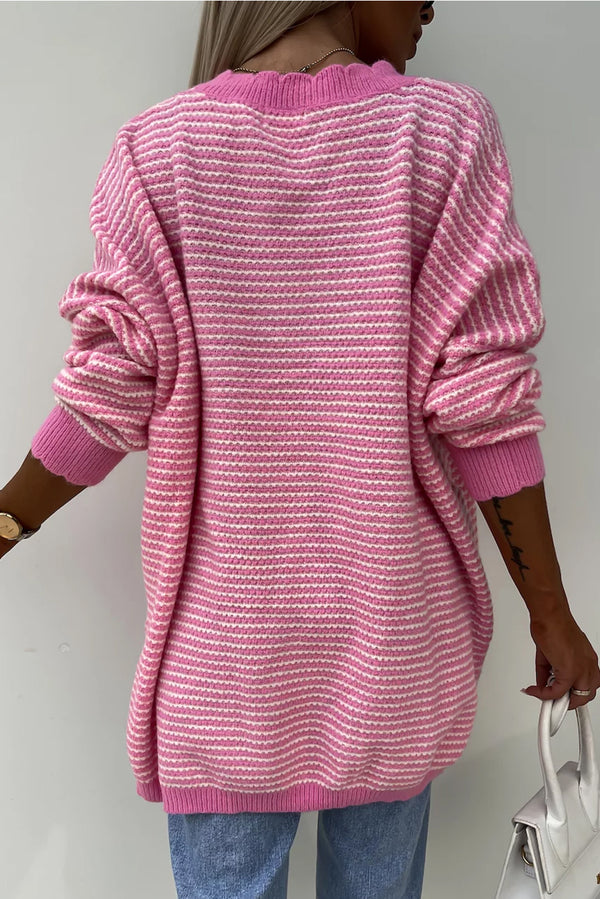 Pink Striped Scallop V Neck Split Knitted Sweater