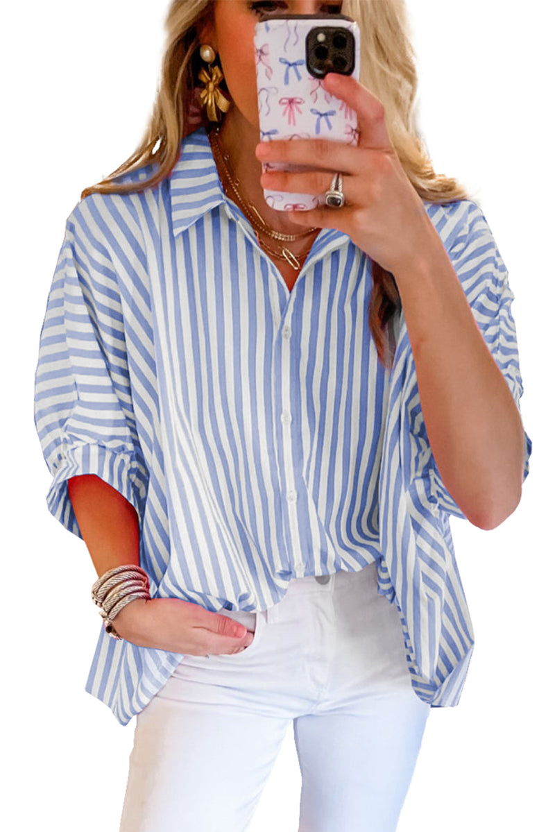 Wholesale Sky Blue Stripe Dolman Sleeve Oversized Blouse