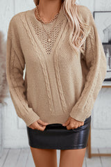 Parchment Round Neck Hollowed Out Solid Color Sweater