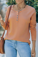 Orange Casual Waffle Button Front Knit Henley Top