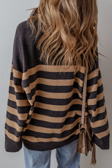 Green Striped Collared Quarter Zip Oversized Sweater