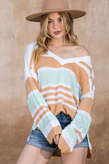 Multicolor Colorblock Stripe V Neck Split Sweater